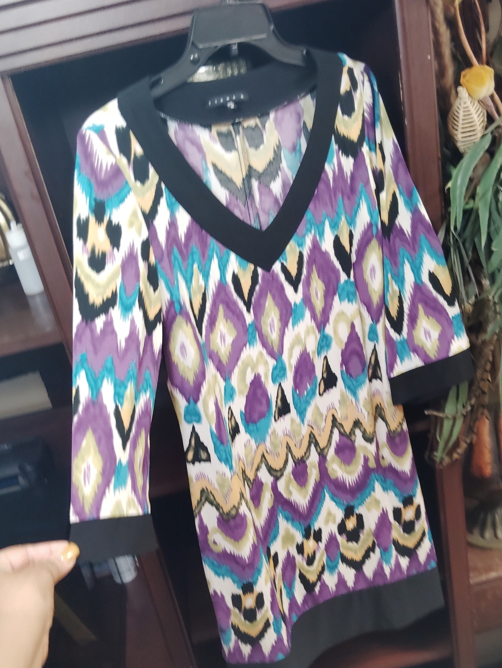 Tiana B. V-Neck Ikat-Print Sweater Tunic in Purple, Teal & Black